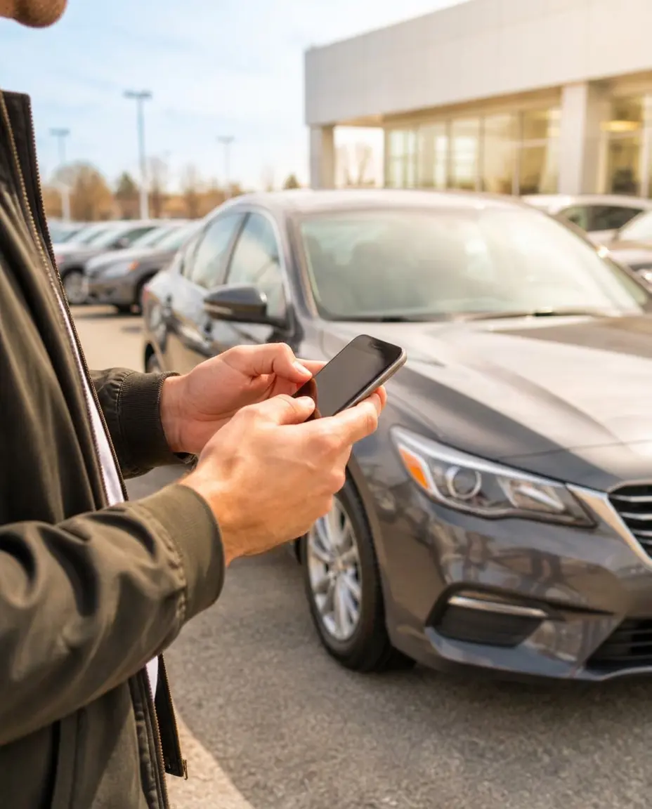 Car buyer messaging the dealership from the lot