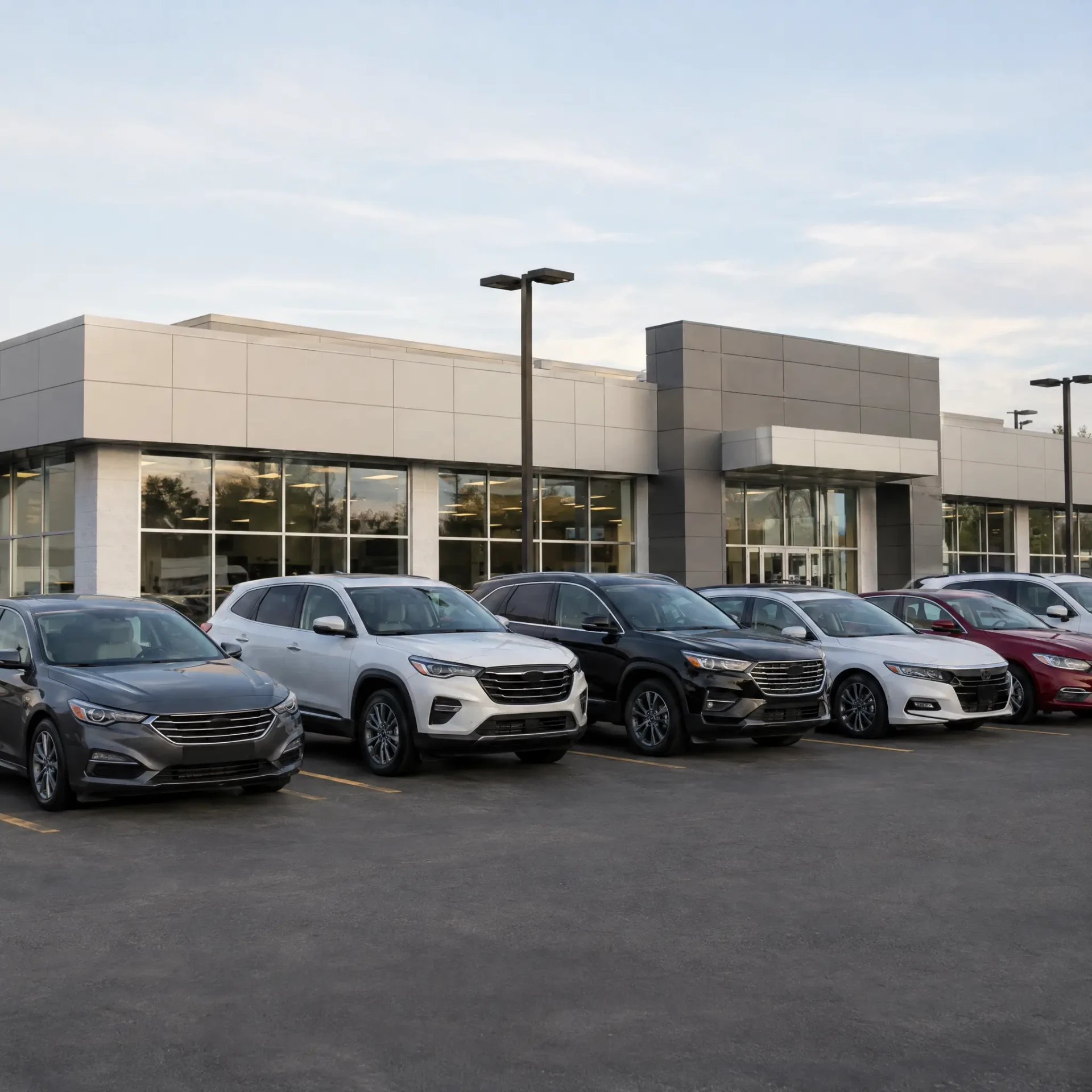 Independent dealership storefront with new cars lined up out front