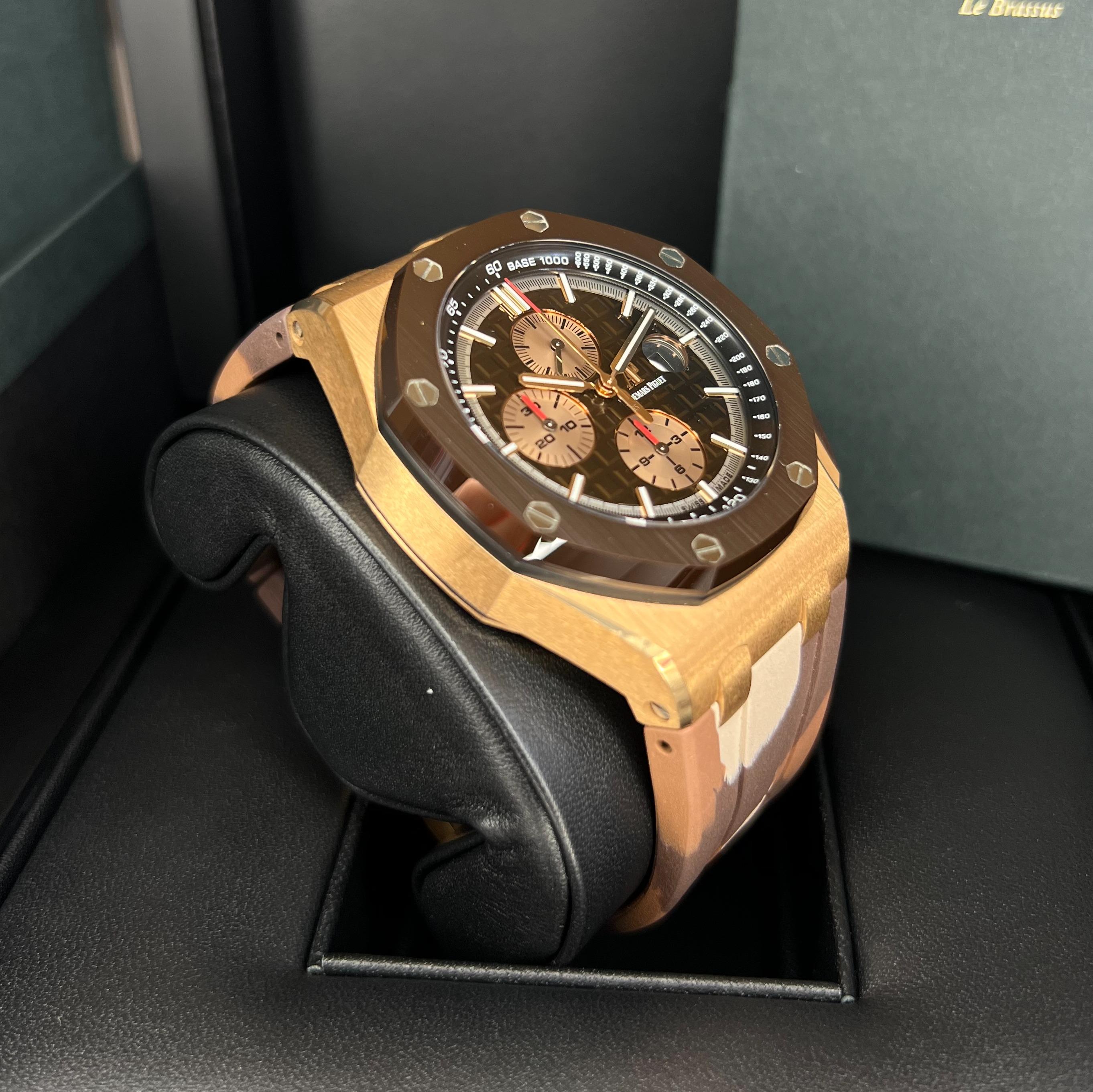 Audemars Piguet Royal Oak Offshore Chronograph 44 Rose Gold Ceramic Brown Camo Rubber Limited to 500 Pieces 26401RO.OO.A087CA.01 Watches Bezel