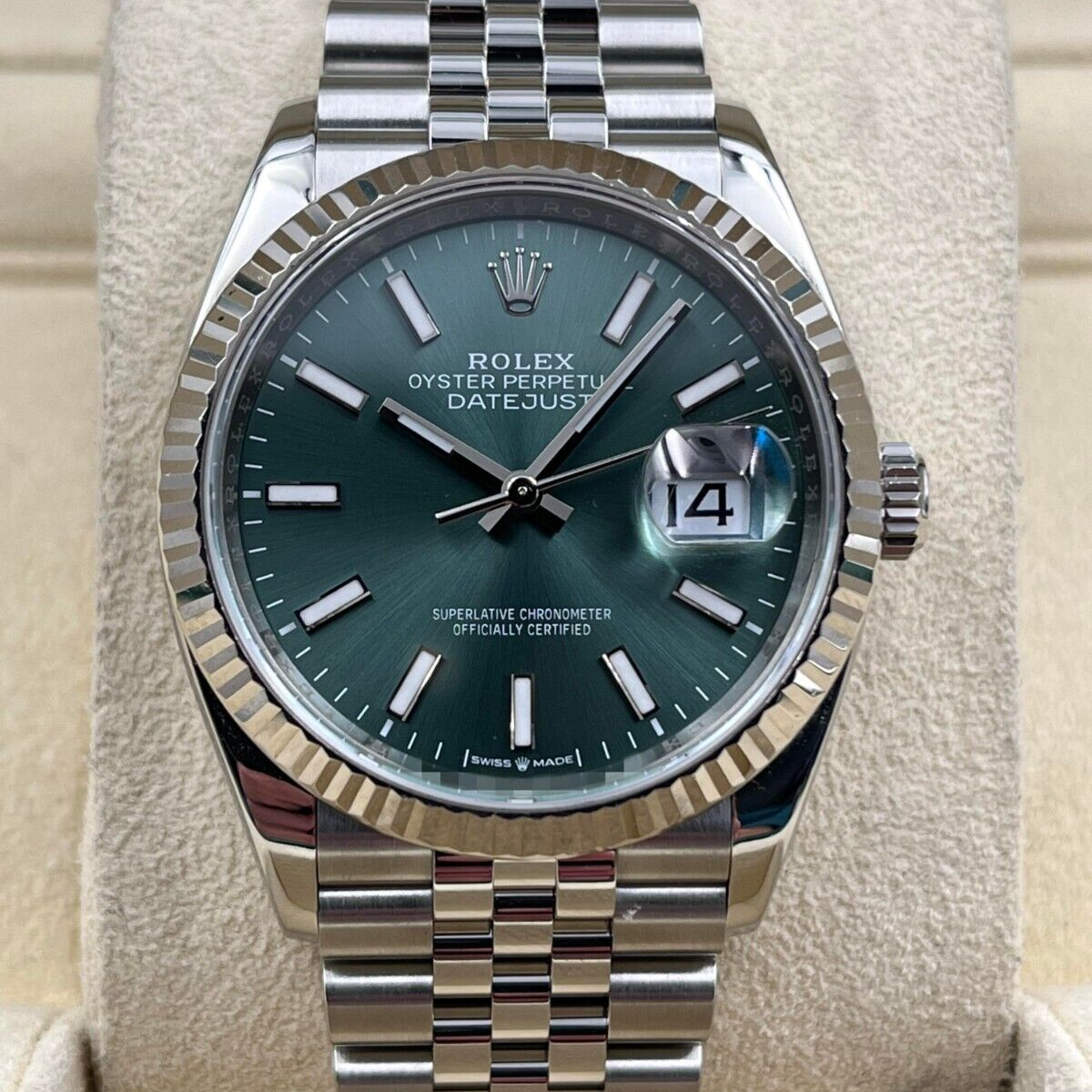 Rolex, Datejust 36, Oystersteel and 18K White Gold, 36mm, Green Mint Dial, Fluted, Jubilee, Ref#126234-0051