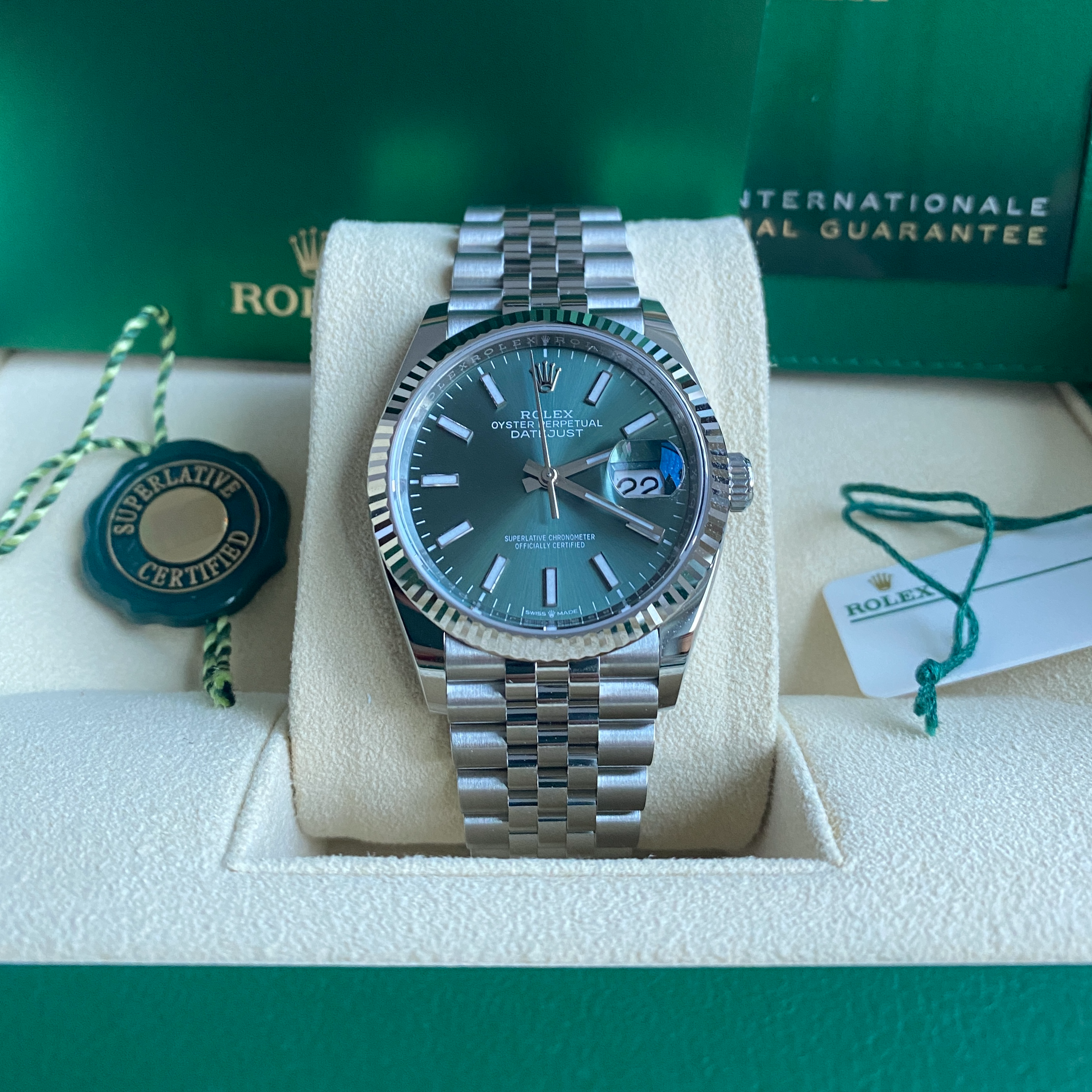 Rolex, Datejust 36, Oystersteel and 18K White Gold, 36mm, Green Mint Dial, Fluted, Jubilee, Ref#126234-0051