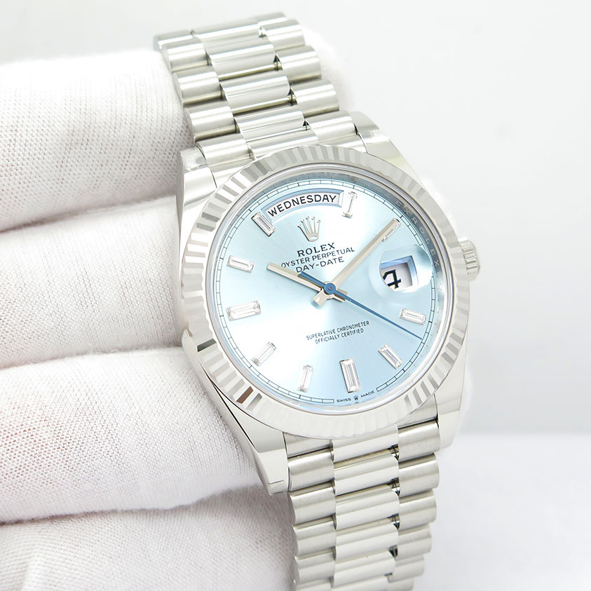 Rolex 228206 DAY DATE PLATINUM ICE BLUE BAGUETTE DIAMONDS DIAL 40MM FULL  SET - Takuya Watches