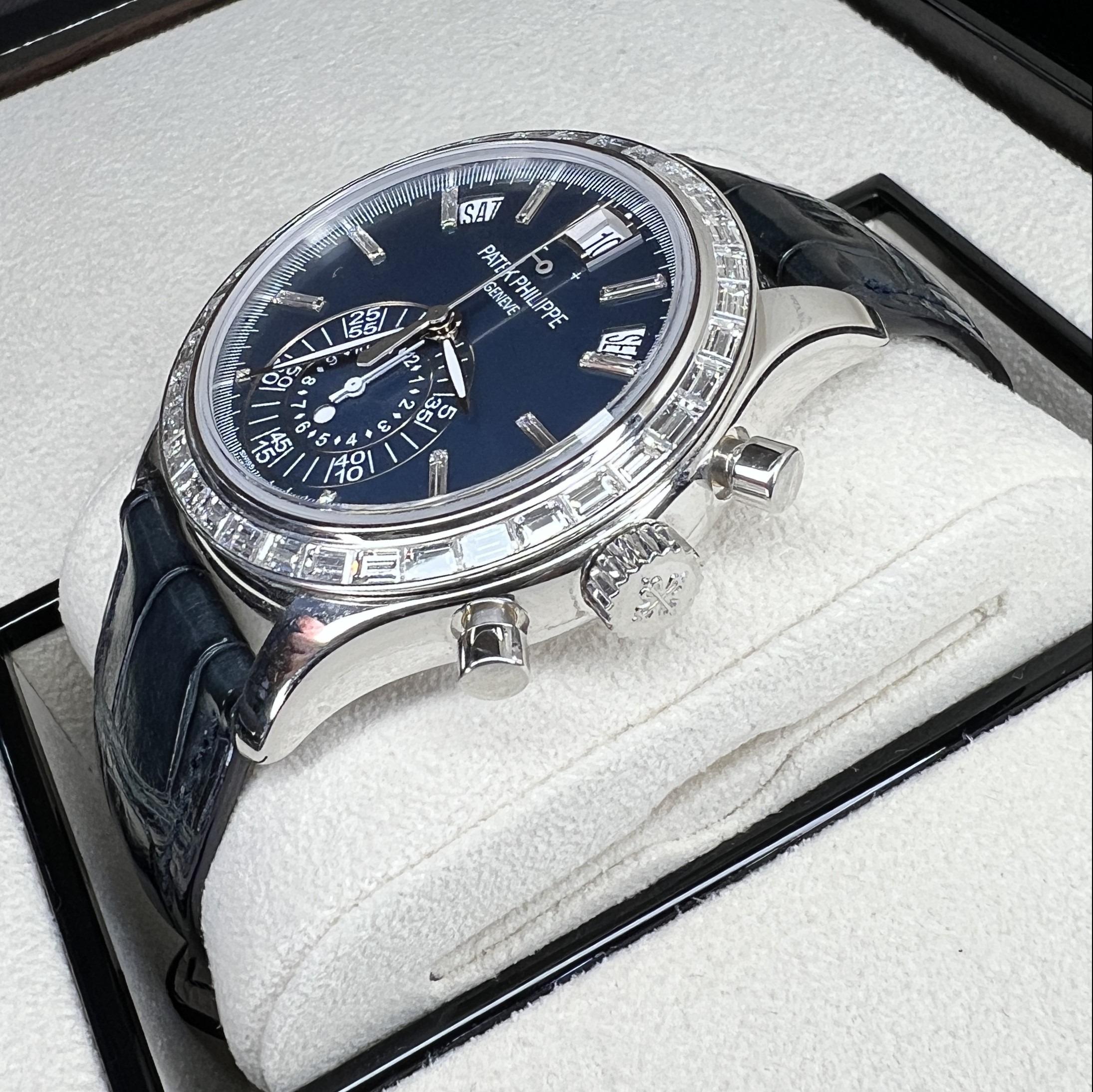 Patek Philippe Complications 5961P-001, Annual Calendar, Chronograph, Diamond Bezel, Platinum, Blue Diamond Index Dial 40 mm