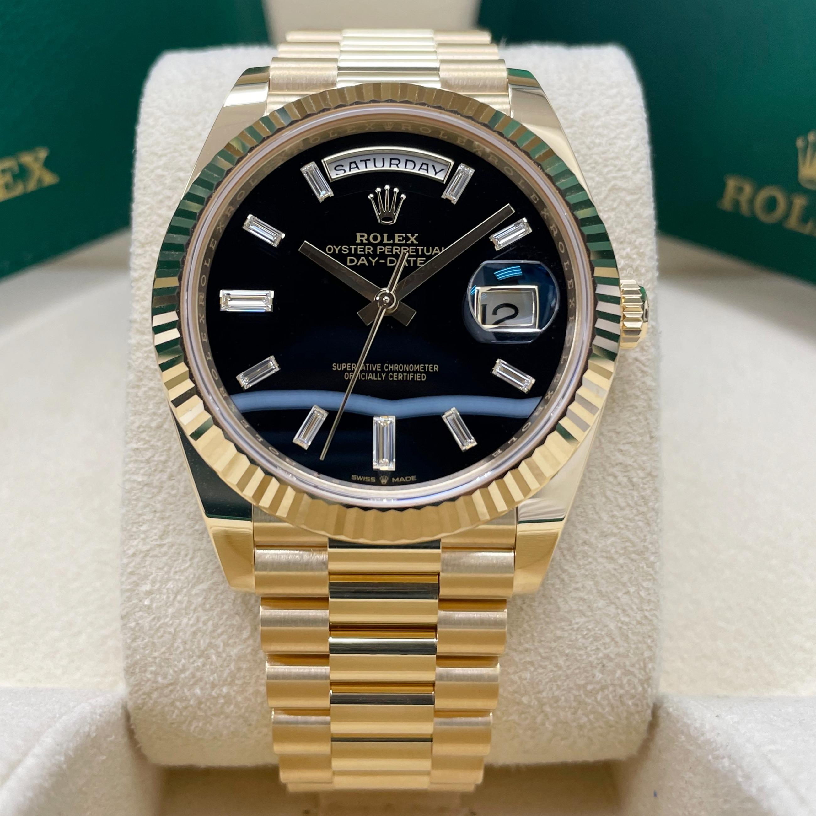 Rolex Day-Date 40 Yellow Gold / Fluted / Onyx / Baguette Rolex Day-Date 40 Yellow Gold / Fluted / Onyx / Baguette