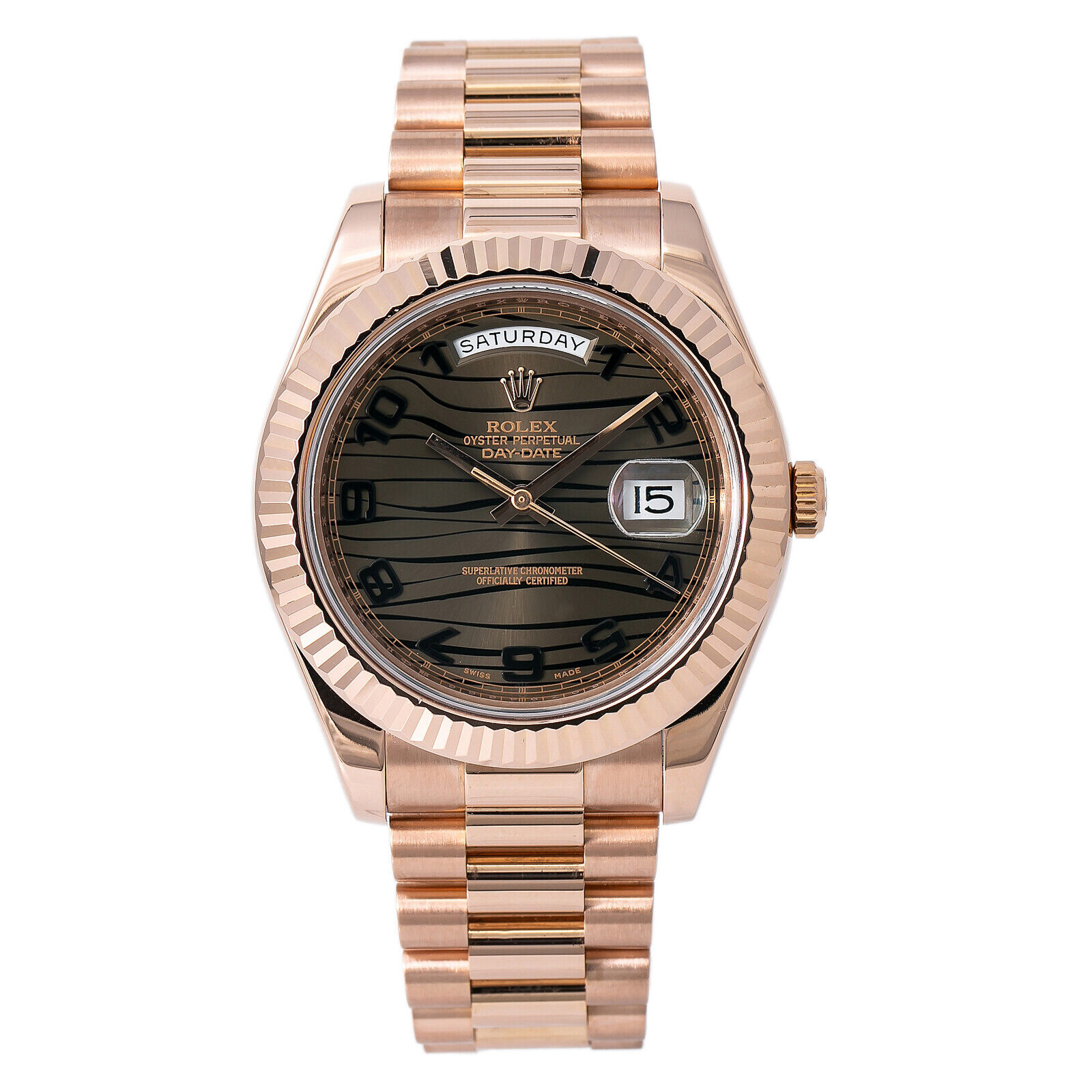 Rolex Day-Date II 41 Rose Gold Fluted Chocolate Wave-Motif