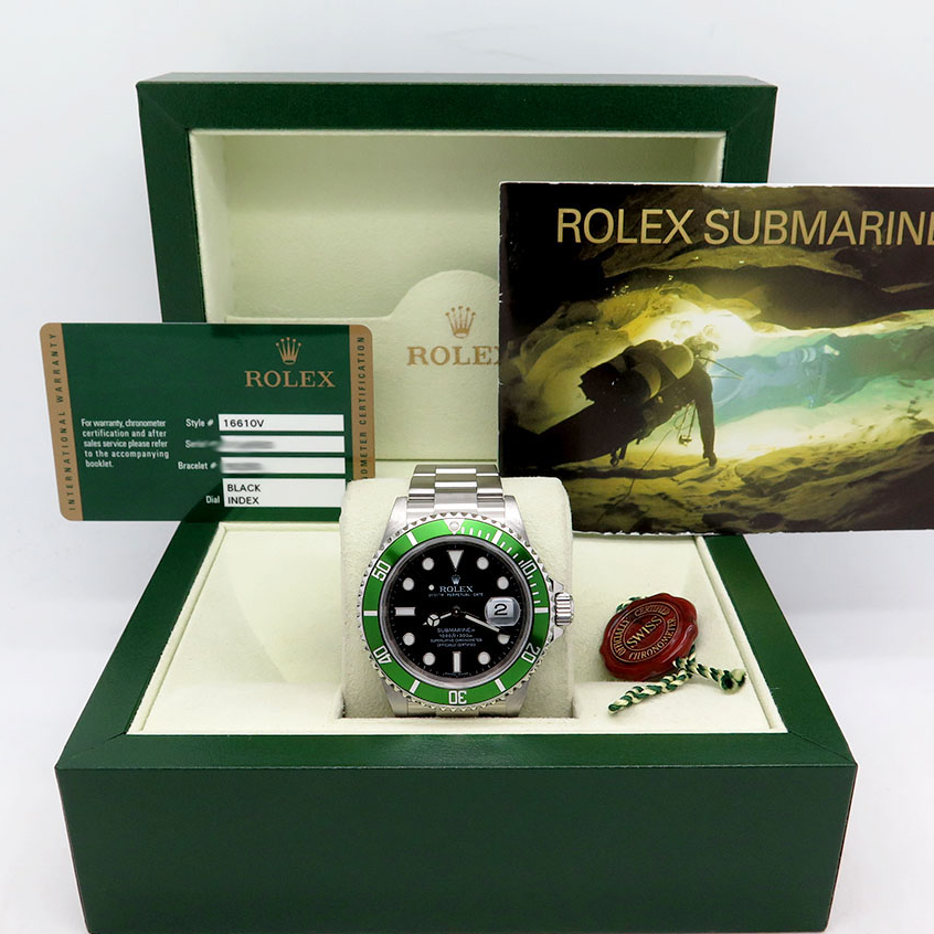 watchsteez.com – rolex submariner date 16610lv kermit unpolished w/ 2010  warranty card