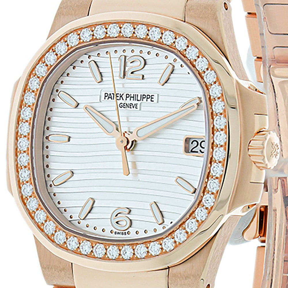 Patek Philippe Nautilus 7010/1R-011, 18K Rose Gold, Diamond Bezel, Silver Dial 33 mm