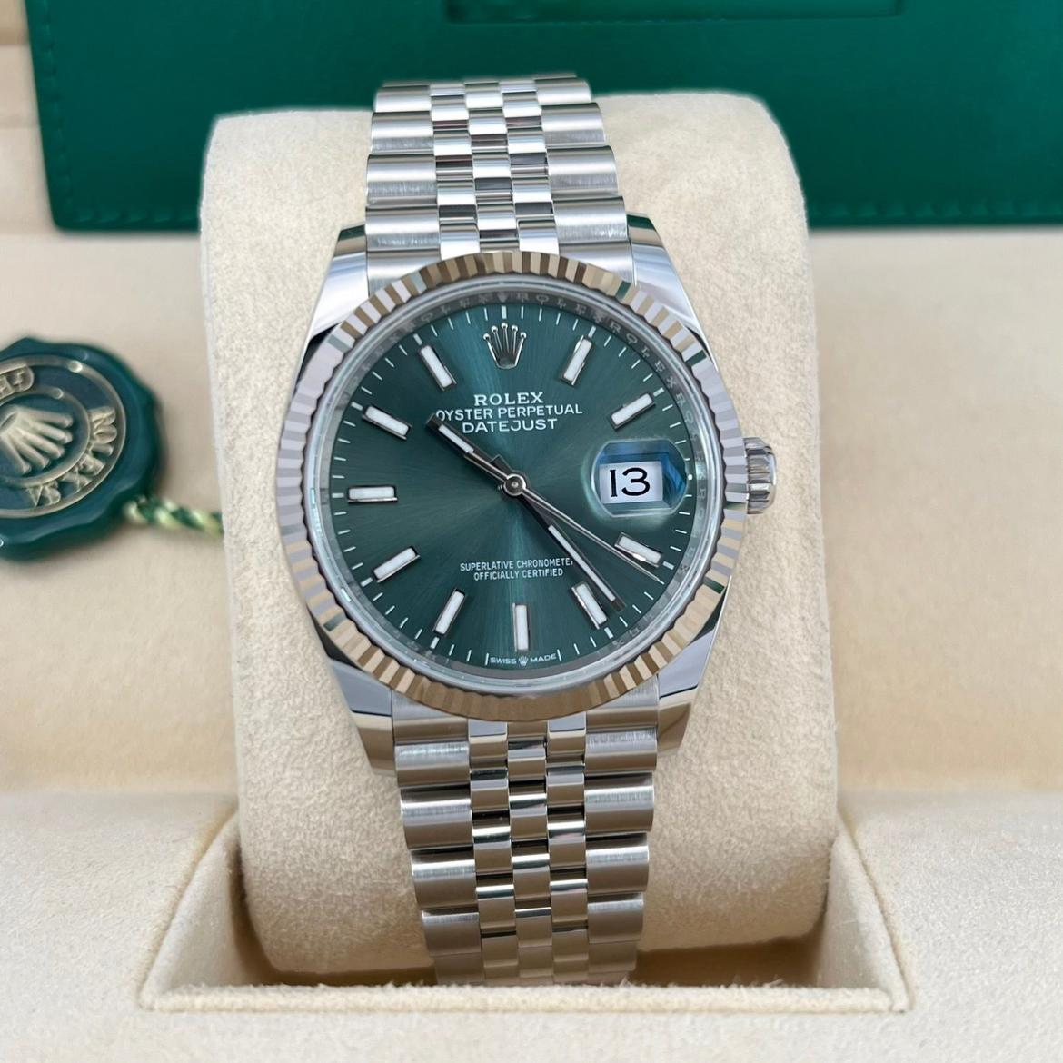 Rolex, Datejust 36, Oystersteel and 18K White Gold, 36mm, Green Mint Dial, Fluted, Jubilee, Ref#126234-0051