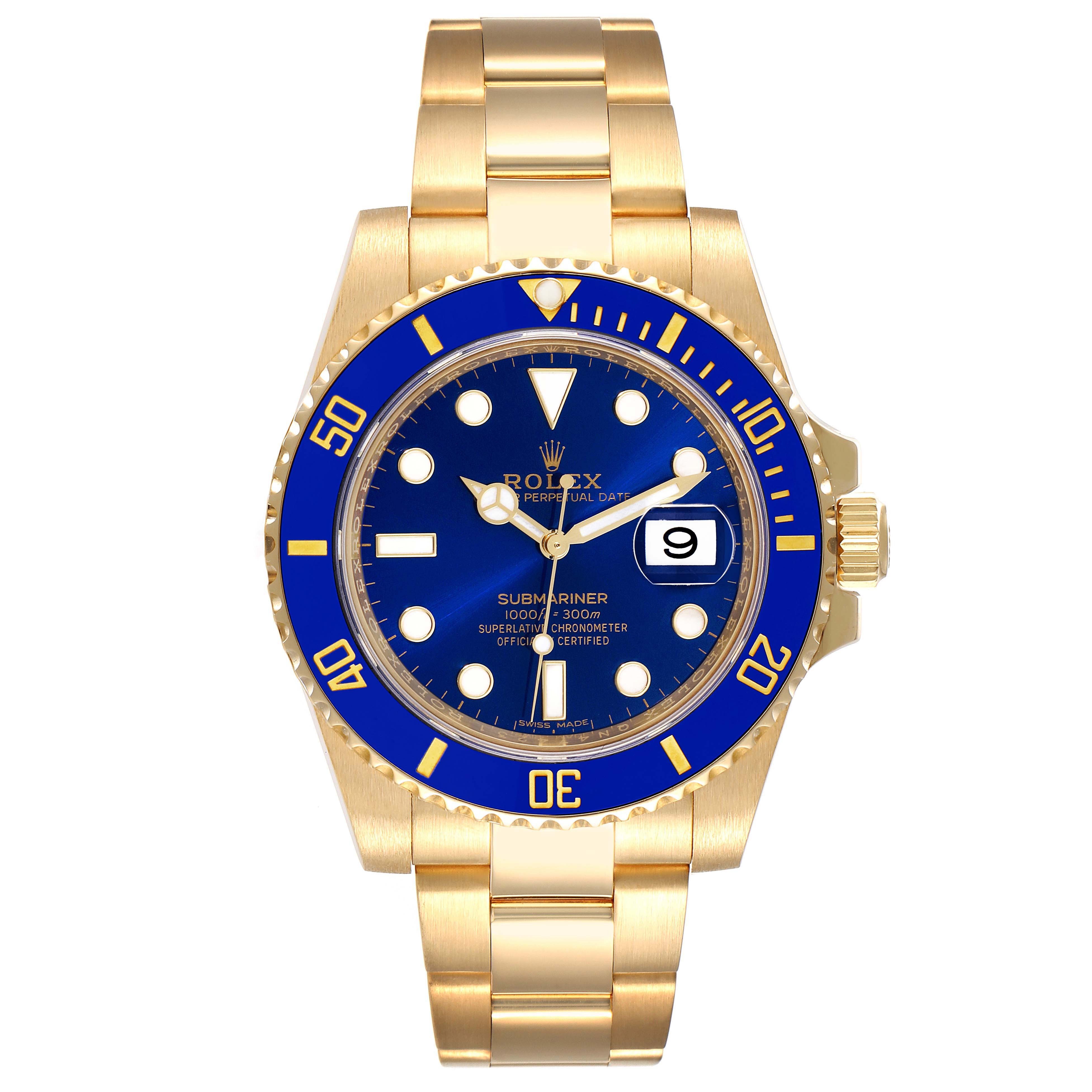 Rolex 40MM 18K Yellow Gold Blue Submariner Date Ref 116618LB Box and Card –