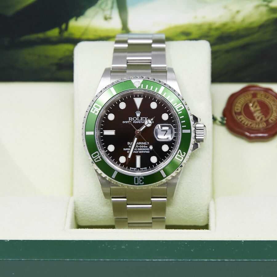 2004 Rolex Submariner 16610LV Kermit Flat Four Green Bezel 50th Anniversary Wristwatch with Box and Papers