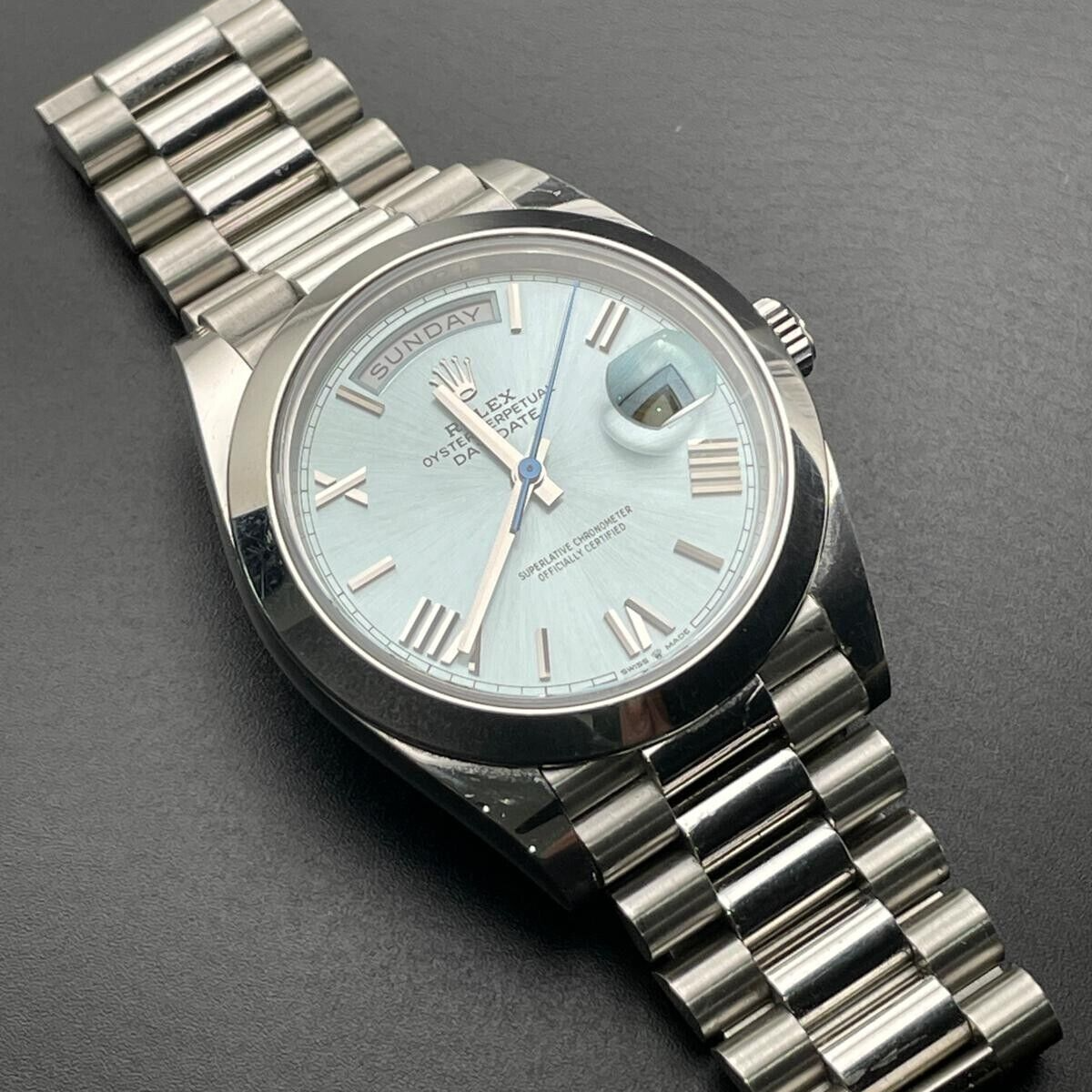 Rolex Day-Date 40 Platinum Ice Blue Quadrant Roman Dial Roman Dial & Smooth  Bezel President Bracelet 228206 