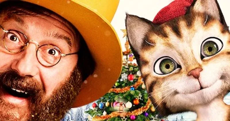 Gubben og katten foran et juletre