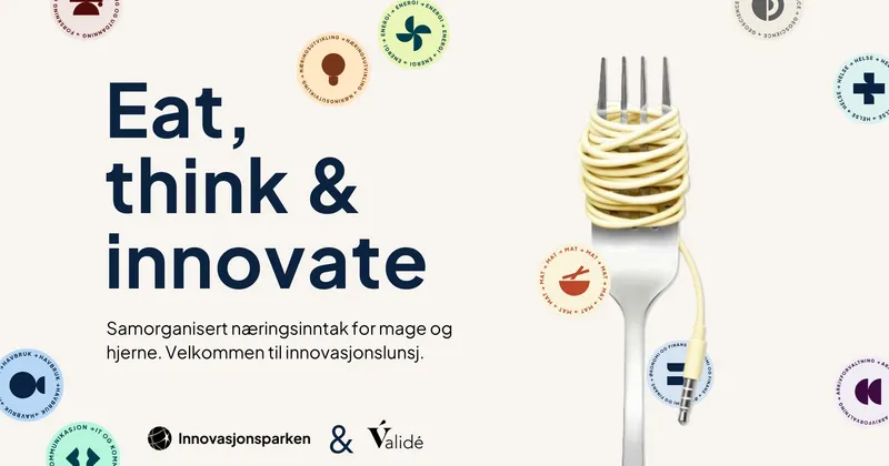 Invitasjon til en faglig lunsj, illustrert med en gaffel med en ledning som ligner en spagetti. Tekst: Velkommen til innovasjonslunsj.