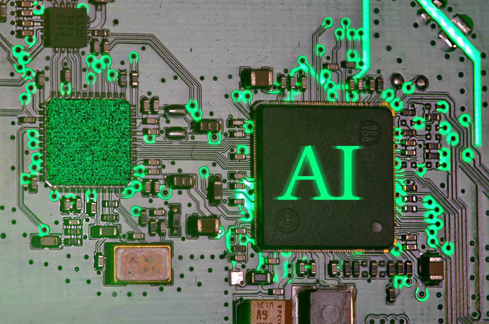 Glowing AI chip on a circuit board