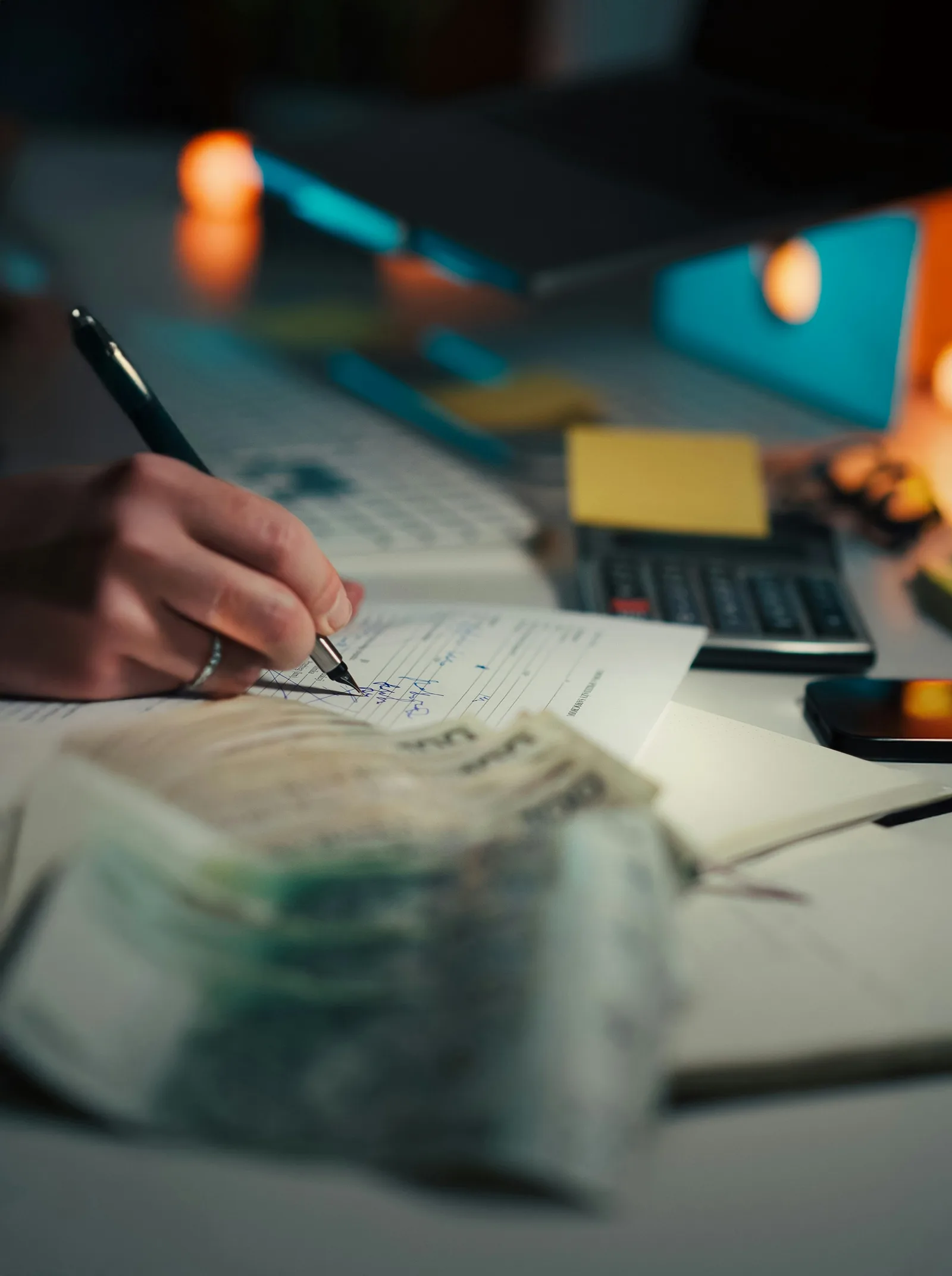 Hand, calculator, notebook — the numbers