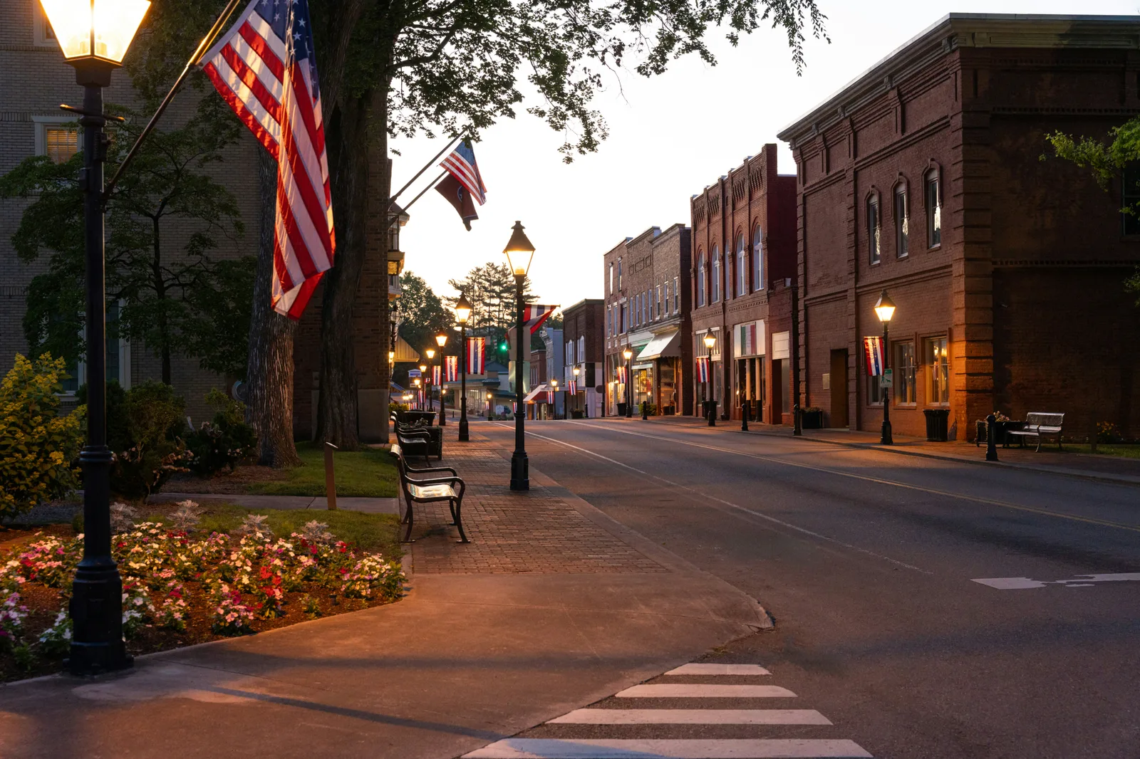 Small-town main street at dusk
