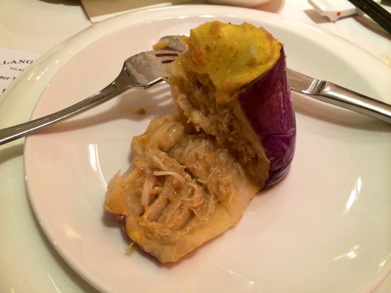 The crab meat is hot within the eggplant. Very creative presentation