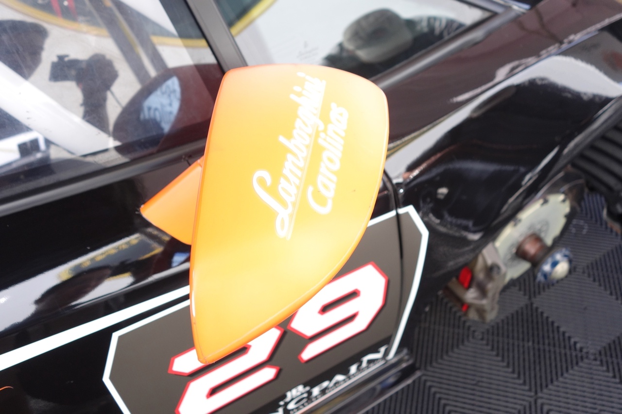 This car is a factory race car for Lamborghini Carolinas, a region in the United States. More Blancpain signage on the car. 