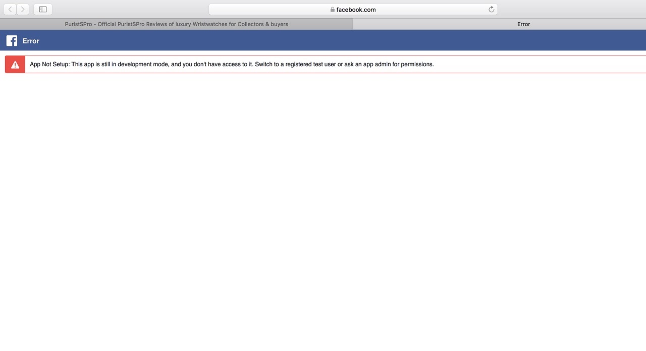 Facebook error App not setup still in development mode