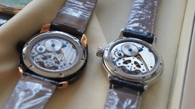 Some views of the finishing. The anglage is done by hand. The sportier tourbillon on the right apparently uses black porcelain wrapped around gold on its case on the sides.