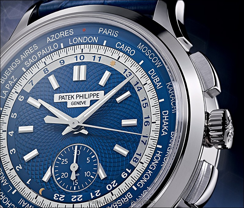 Patek Philippe 39.50mm Men Complications World Time Chronograph Watch Blue  Dial 5930G