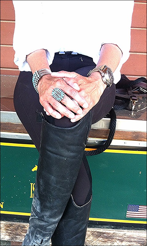 Turquoise jewelry, my watch and some very muddy boots! 