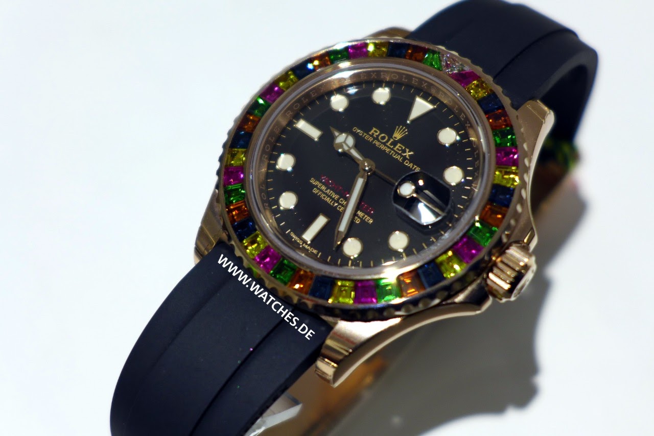 Rolex Yacht Master Rose Gold Black Dial Rainbow Bezel 116695SATS