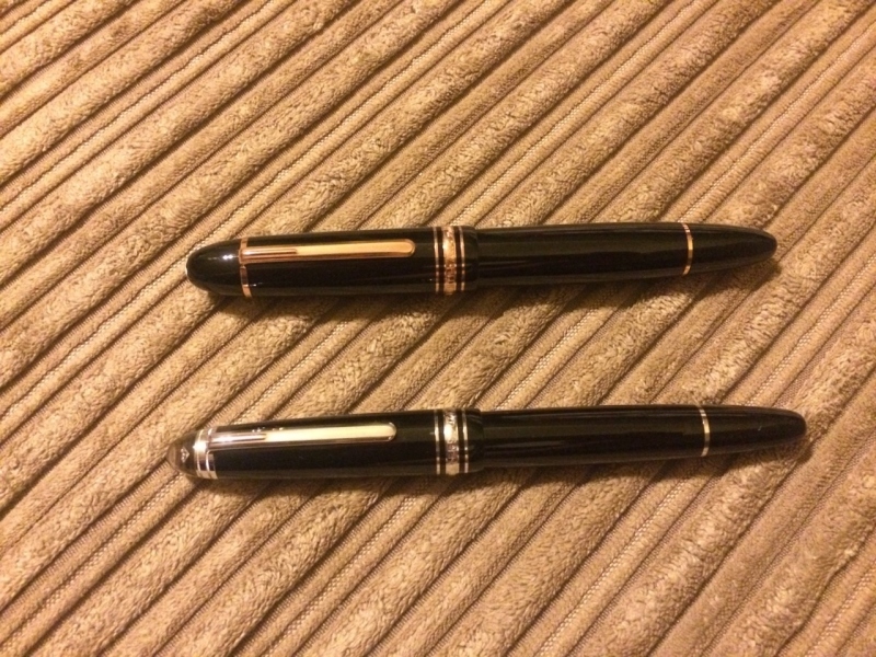 A shot of my 2 most recent Meisterstuck pens. The LeGrand (146) diamond Meisterstuck rollerball pen and the new 149 90th anniversary Meisterstuck fountain pen.