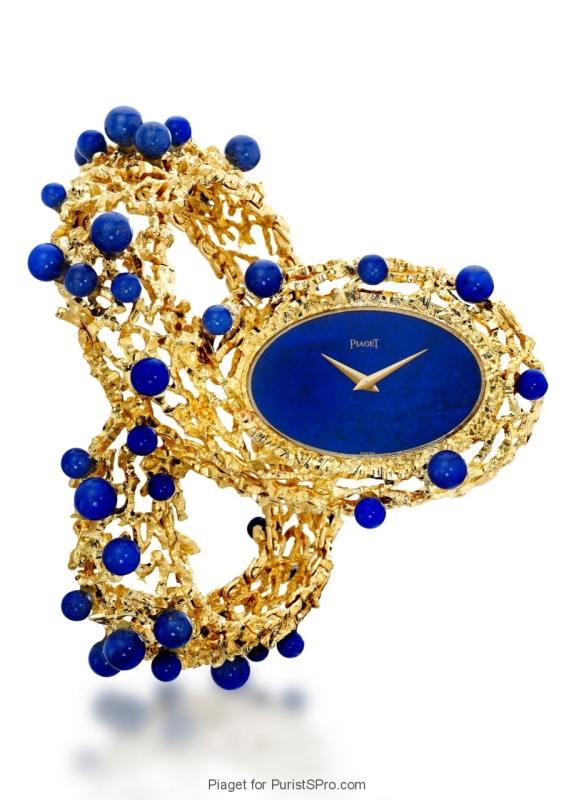 Cuff watch housing the famous 9P movement decorated with lapis lazuli beads and dial.