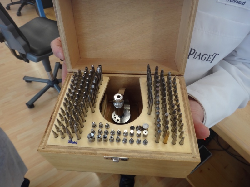 An interesting story is behind this box of tools. All apprecntice watch makers at Piaget must fabricate their own tools, just like the ones in this box. They must not only create the tools but they have to create the box as well.