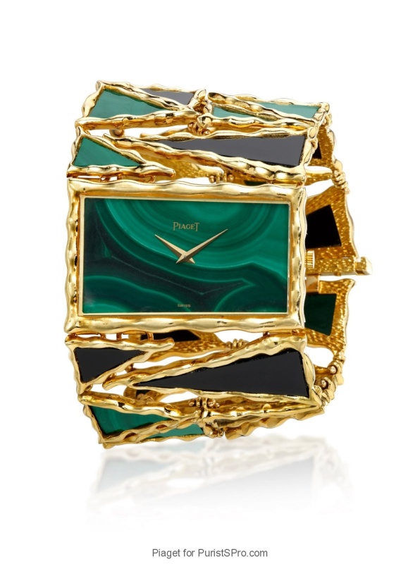 Cuff watch powered by caliber 9P in malachite and onyx.