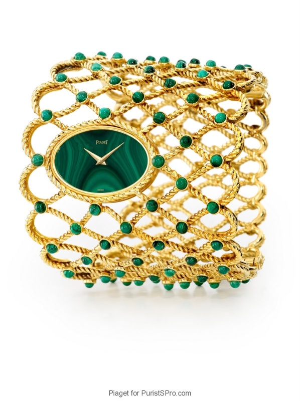 Caliber 9P cuff watch with a malachite dial.