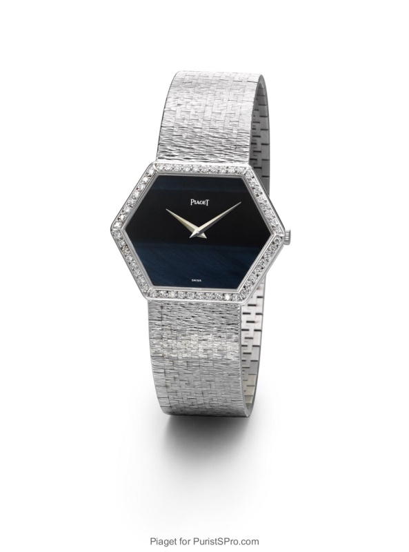 A hexagonal watch with falcon's eye dial.