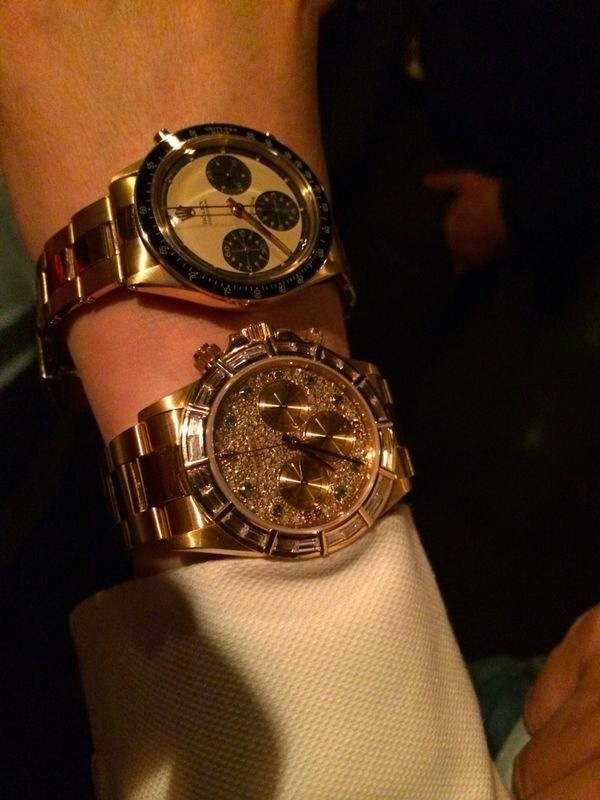 A wrist shot of 2 amazing Daytona, the diamond one owned by a renowned Vintage Rolex collector