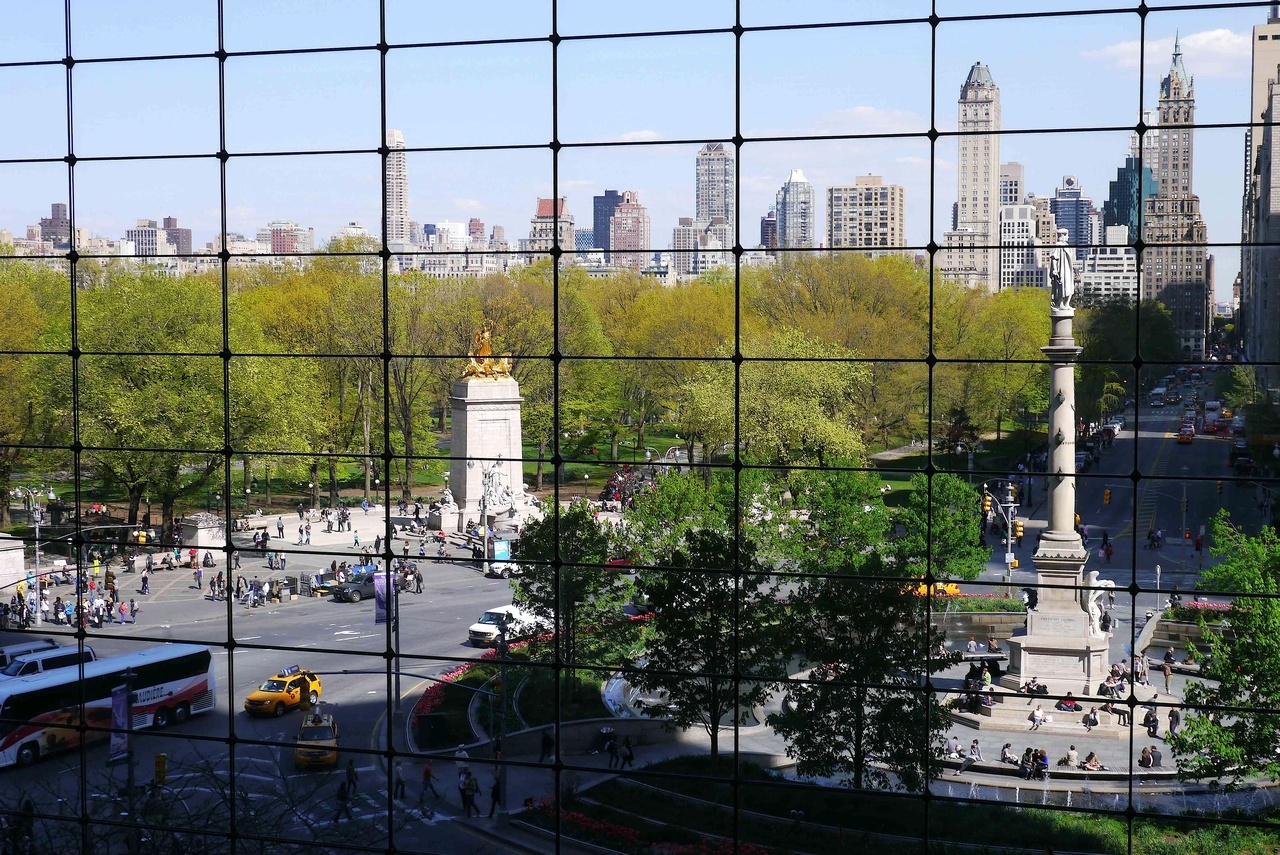 View of Columbus Square from inside Ty Warner Building