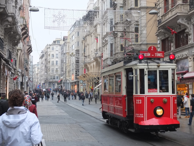 Our first morning in Istanbul, walking down Istikal Street, where this old style tram serves as a means to get up from Galata Tower all the way to Taksim Square.