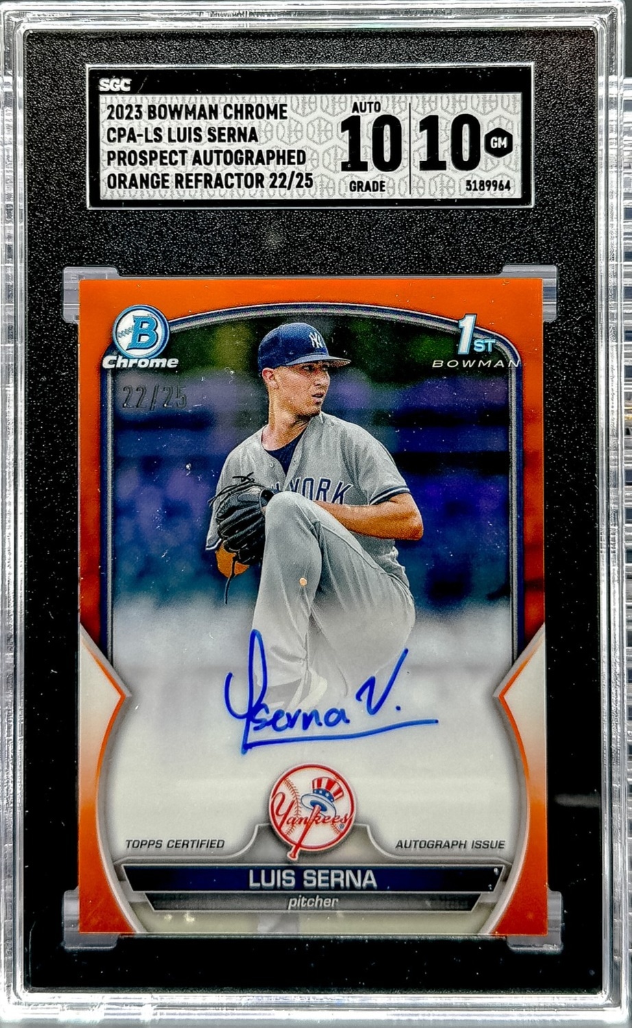 2023 Bowman Luis Serna Chrome Prospect Autographs Orange Refractor #/25 SGC 10