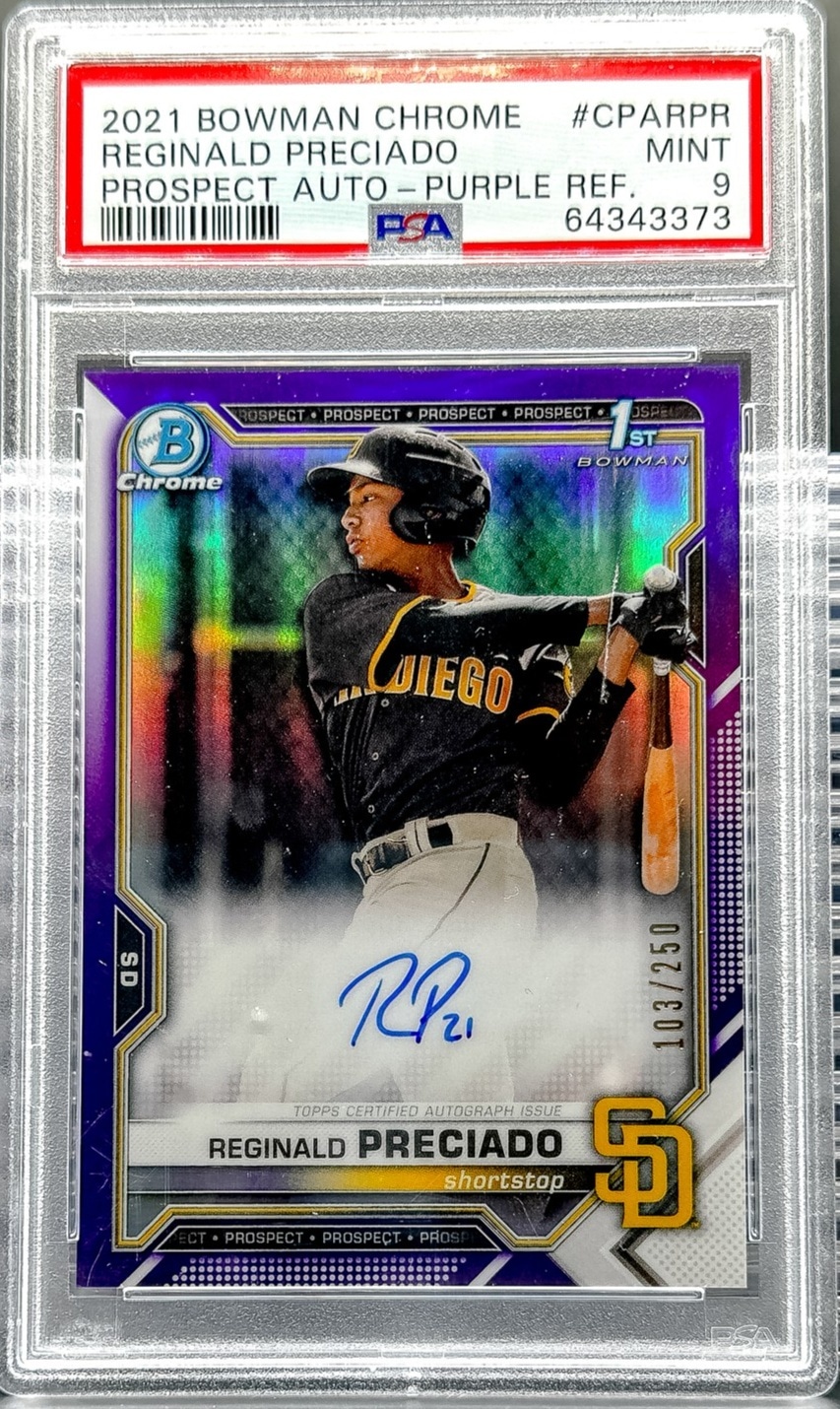 2021 Bowman Chrome Reginald Preciado Prospect Autographs Purple Ref PSA 9 #/250