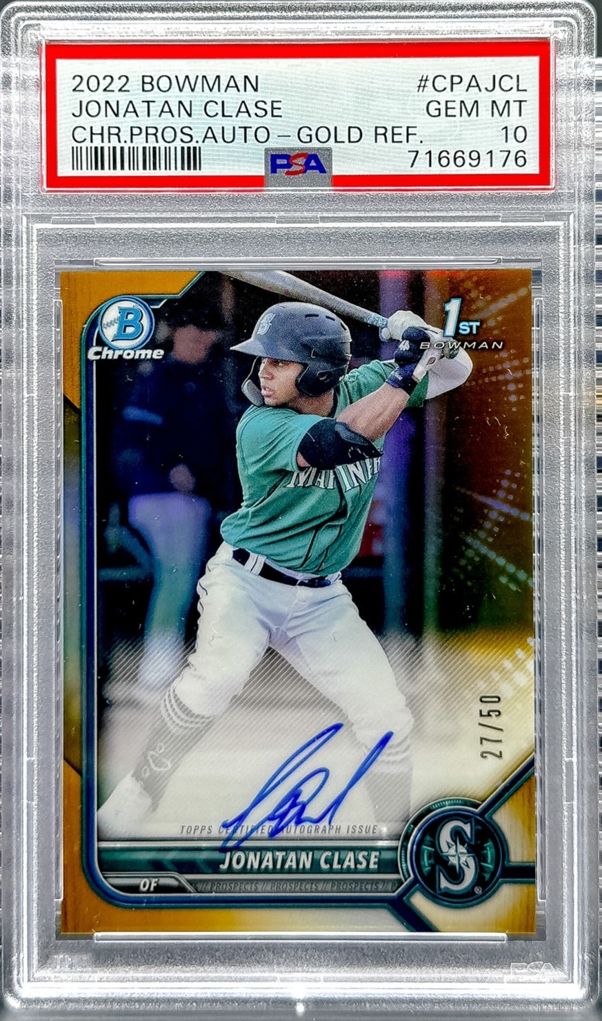 2022 Bowman #CPA-JCL Jonatan Clase Chrome Prospect Auto Gold Ref PSA 10 #/50