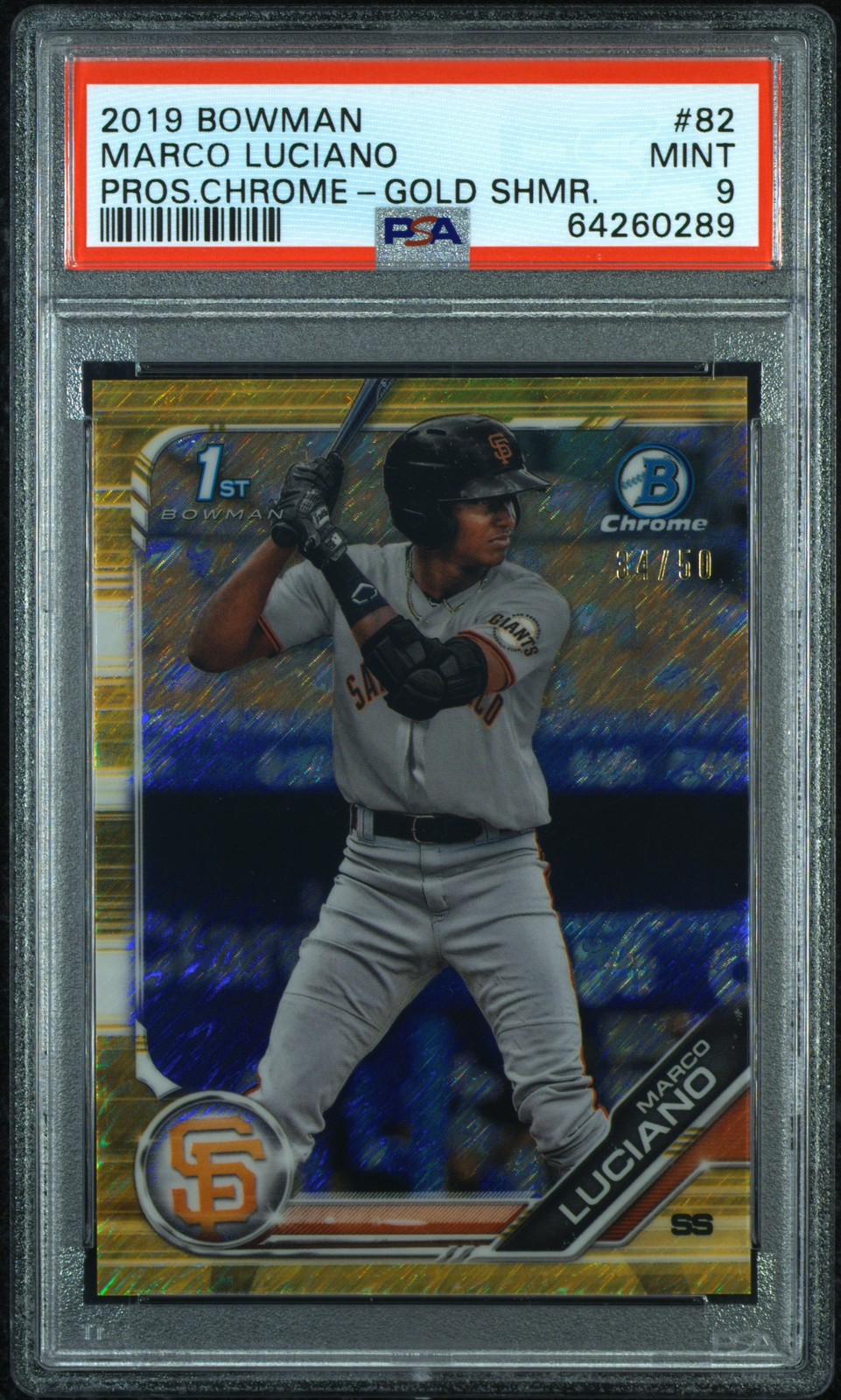 2019 Bowman Marco Luciano Chrome Prospects Gold Shimmer Refractor #/50 PSA 9