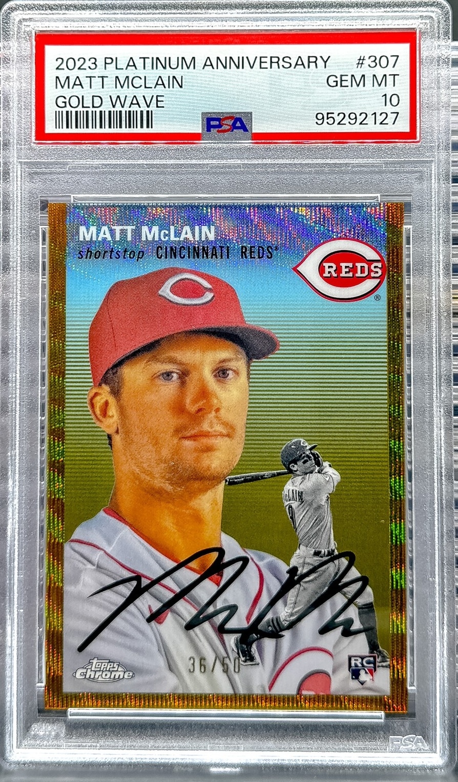 2023 Topps Chrome Platinum Anniversary Matt McLain Gold Wave Ref PSA 10 #/50
