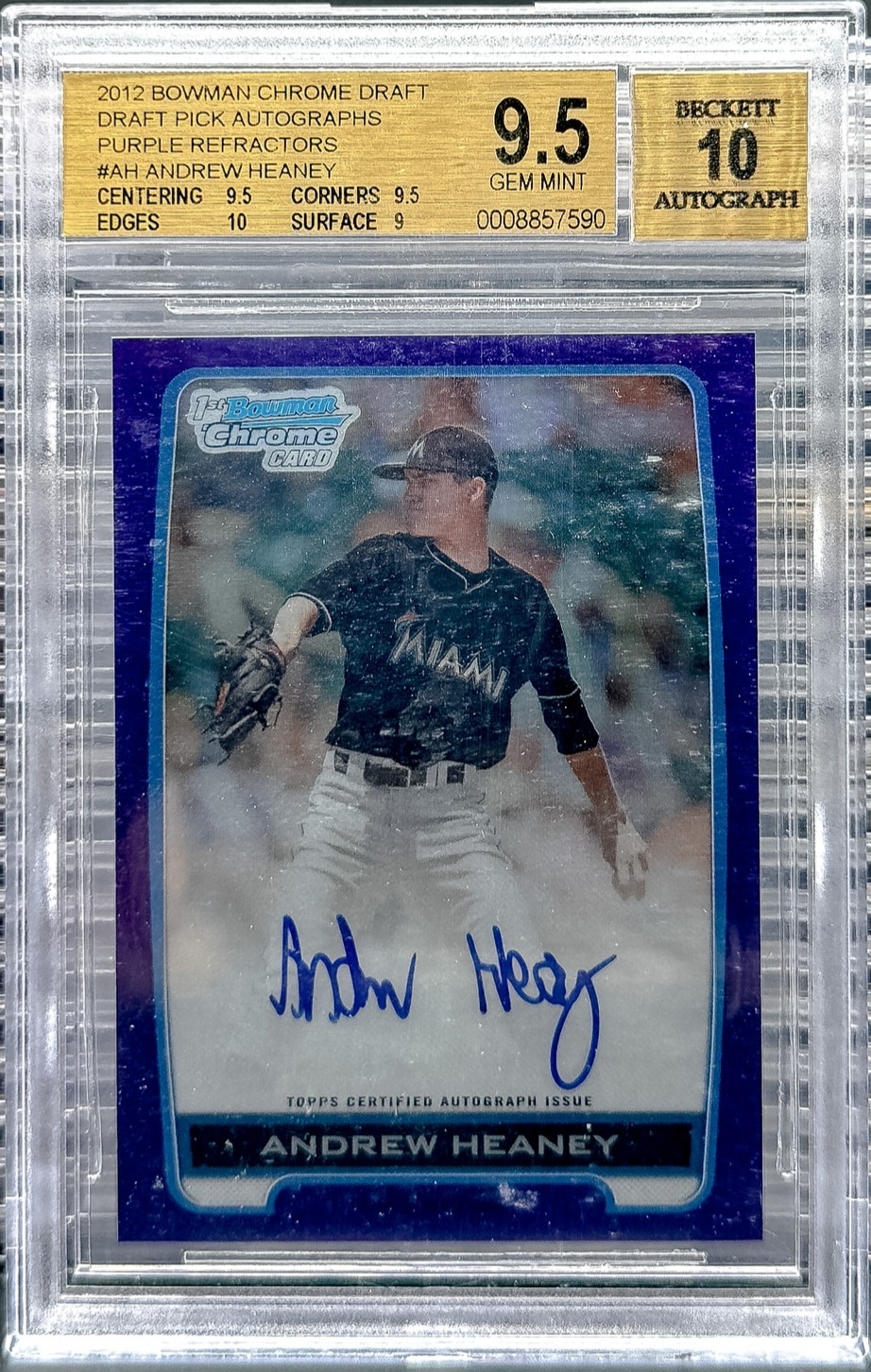 2012 Bowman #BCA-AH Andrew Heaney Chrome Draft Pick Auto Purple Ref BGS 9.5 #/10