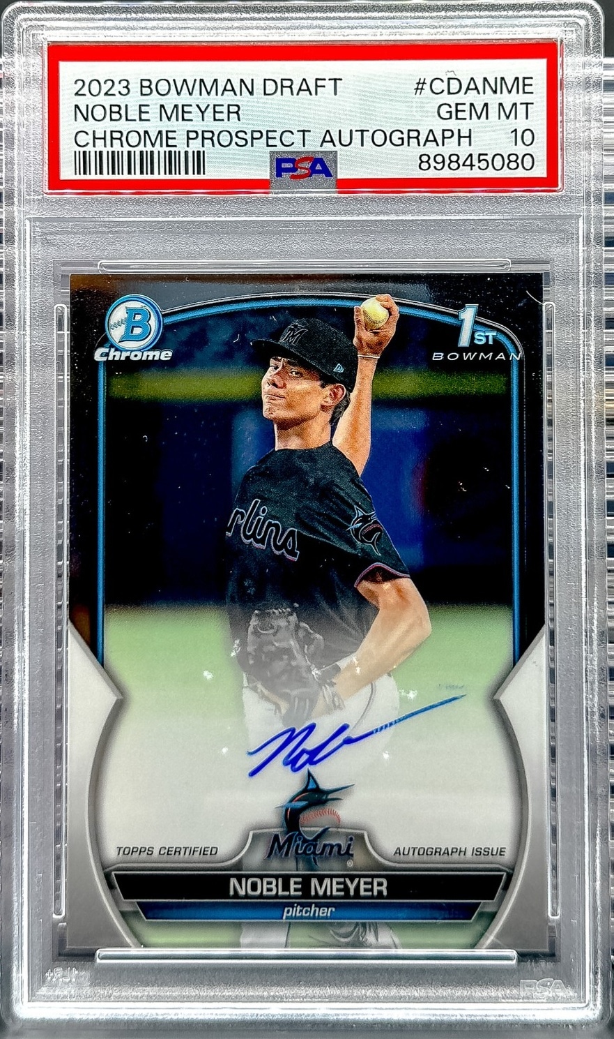 2023 Bowman Draft #CDA-NME Noble Meyer Chrome Prospect Autographs PSA 10