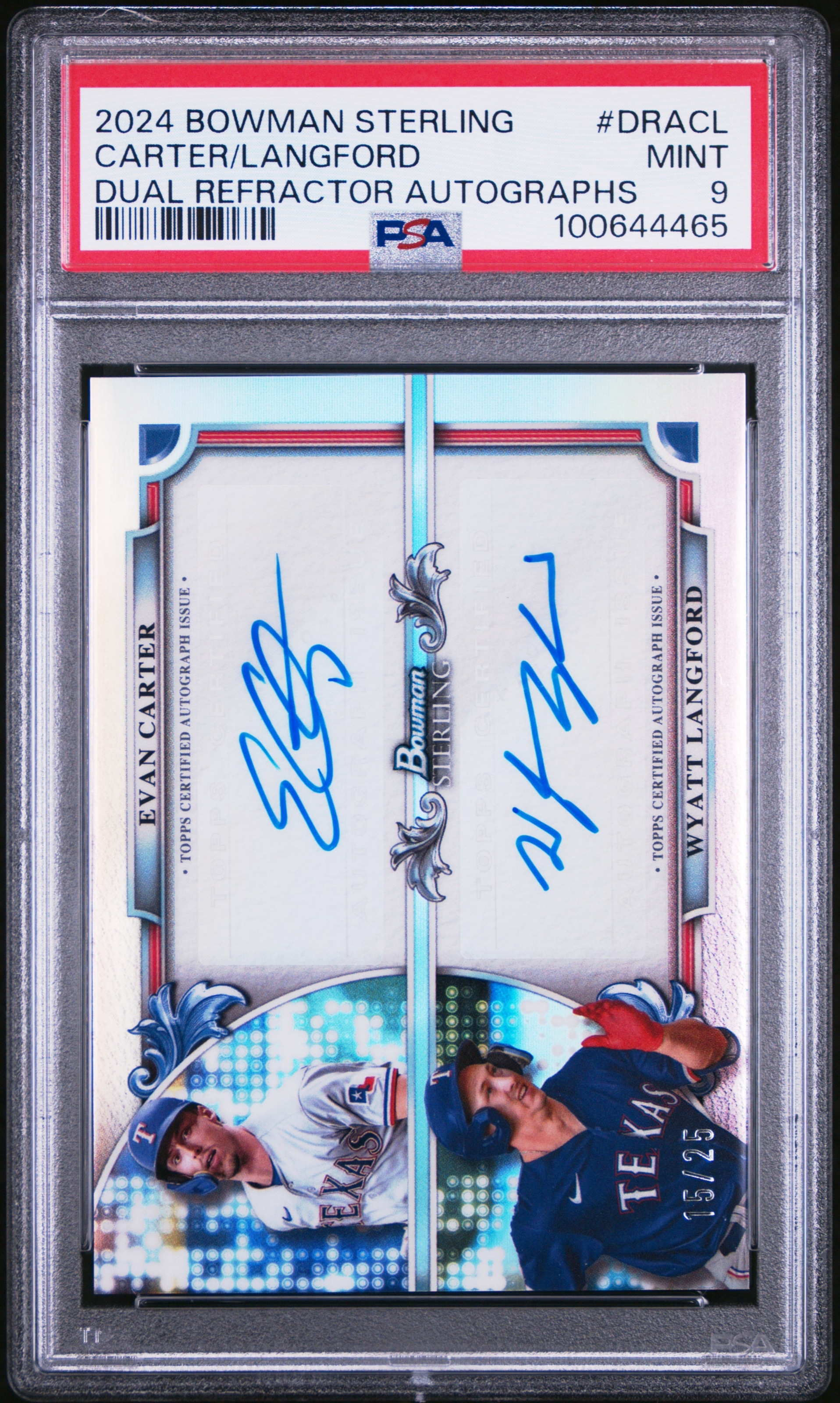 2024 Bowman Sterling Wyatt Langford / Evan Carter Dual Refractor Auto #/25 PSA 9