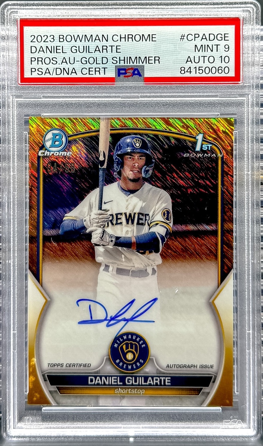 2023 Bowman Daniel Guilarte Chrome Prospect Auto Gold Shimmer #/50 PSA 9