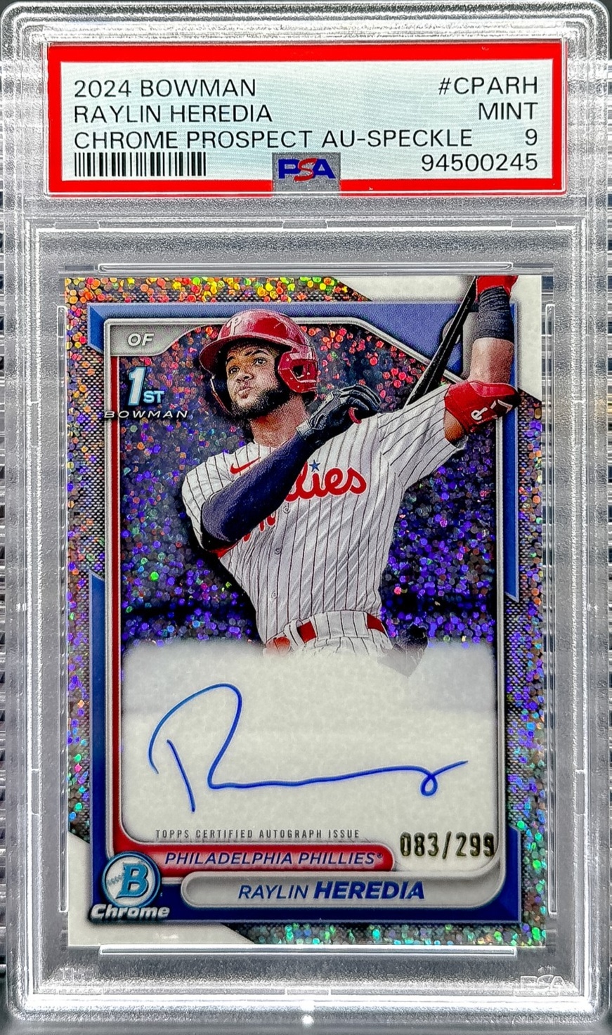 2024 Bowman Raylin Heredia Chrome Prospect Autographs Speckle Ref PSA 9 #/299