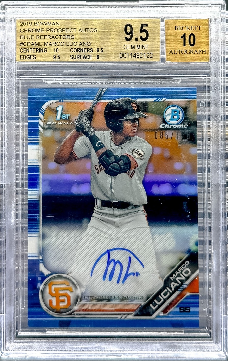2019 Bowman #CPA-ML Marco Luciano Chrome Prospect Auto Blue Ref BGS 9.5 #/150