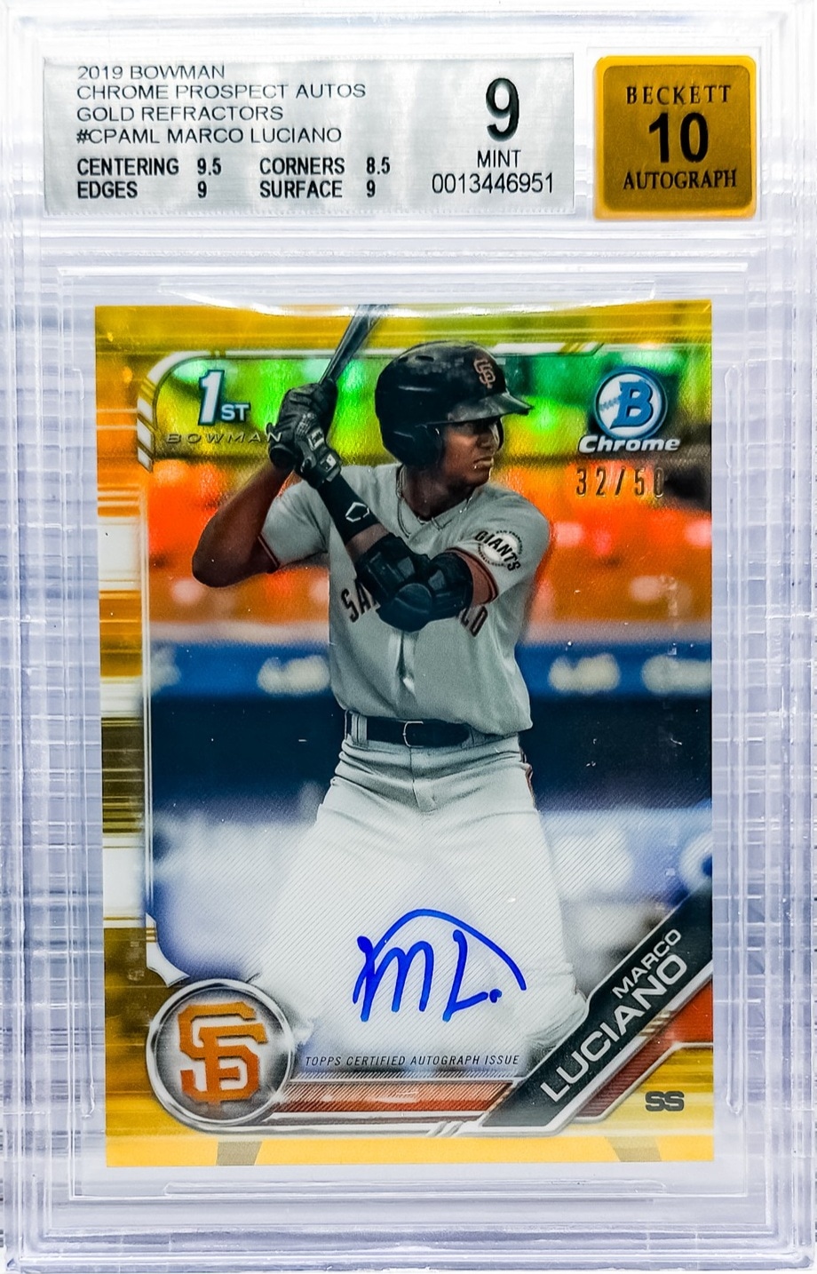 2019 Bowman Marco Luciano Chrome Prospect Autographs Gold Refractor #/50 BGS 9