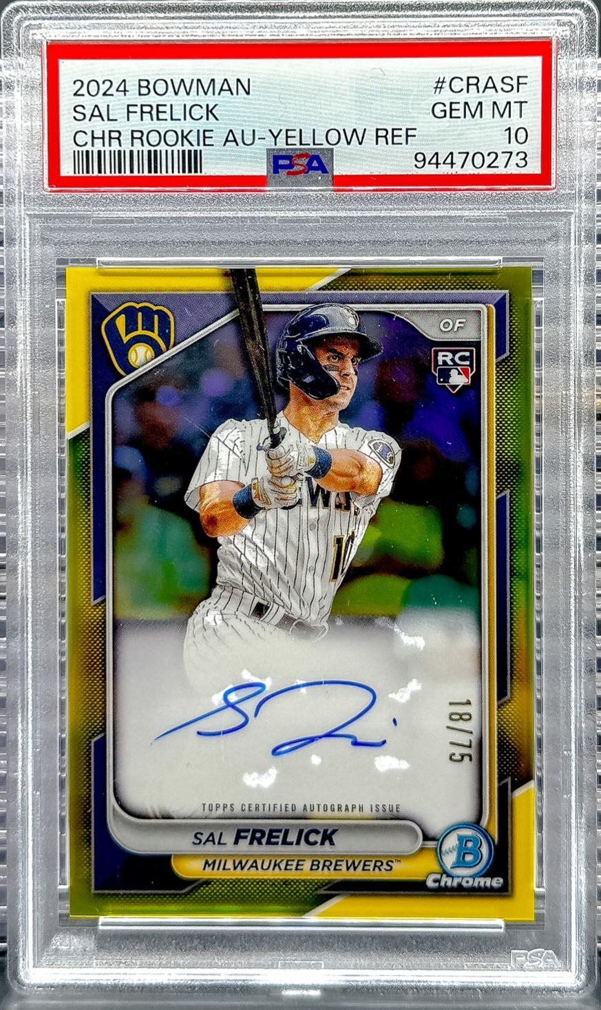 2024 Bowman #CRA-SF Sal Frelick Chrome Rookie Autographs Yellow Ref PSA 10 #/75
