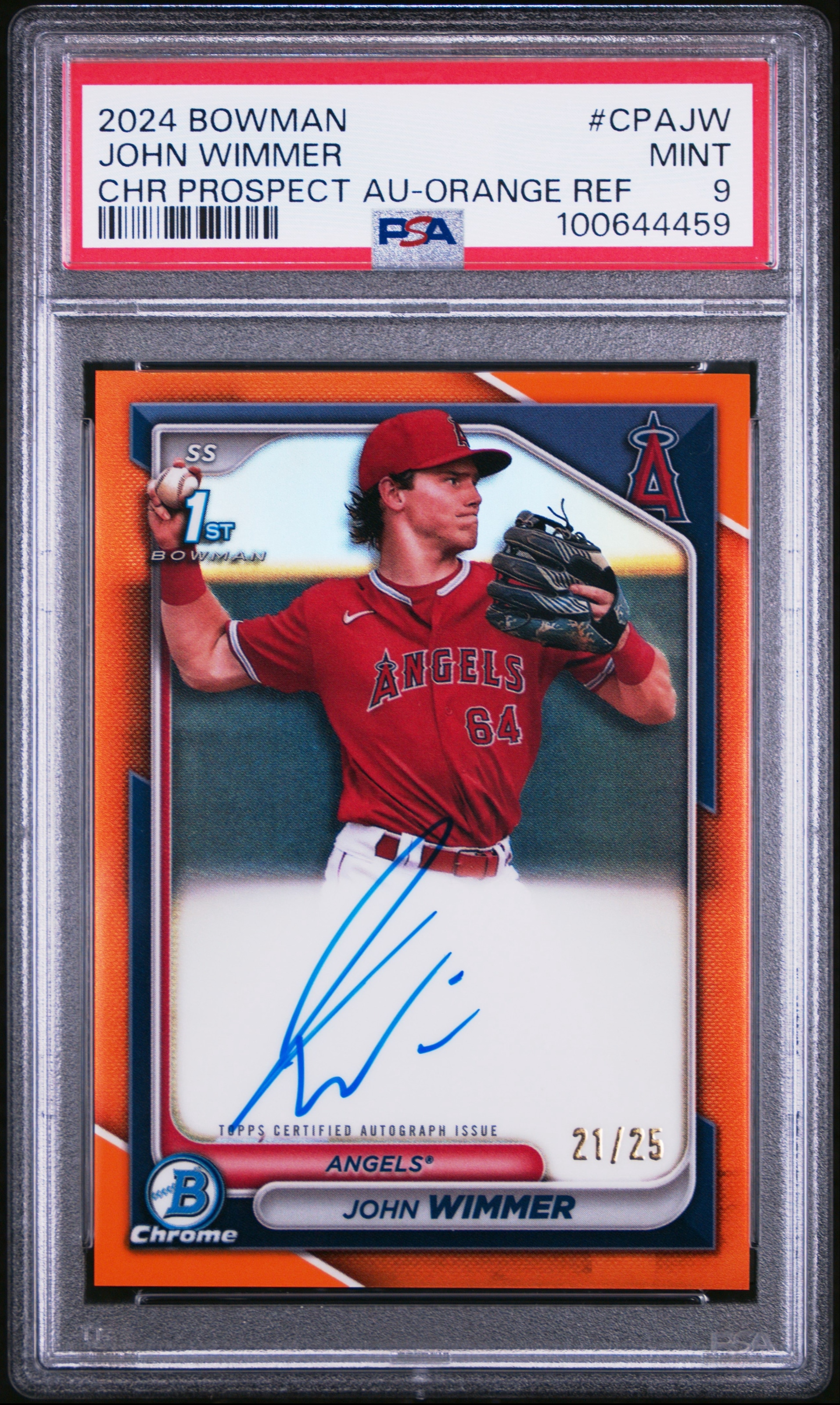 2024 Bowman John Wimmer Chrome Prospects Autographs Orange Refractors #/25 PSA 9